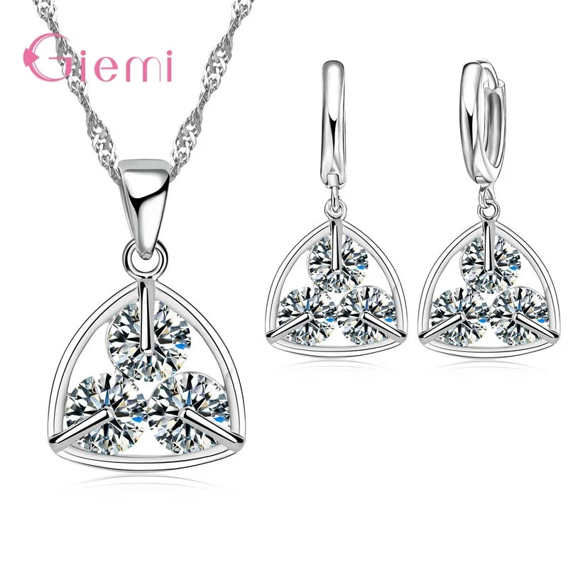 New  Sterling Silver Trendy Crystal Pendant Necklace Earrings Jewelry Set