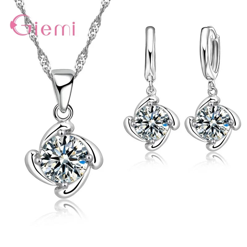 New  Sterling Silver Trendy Crystal Pendant Necklace Earrings Jewelry Set