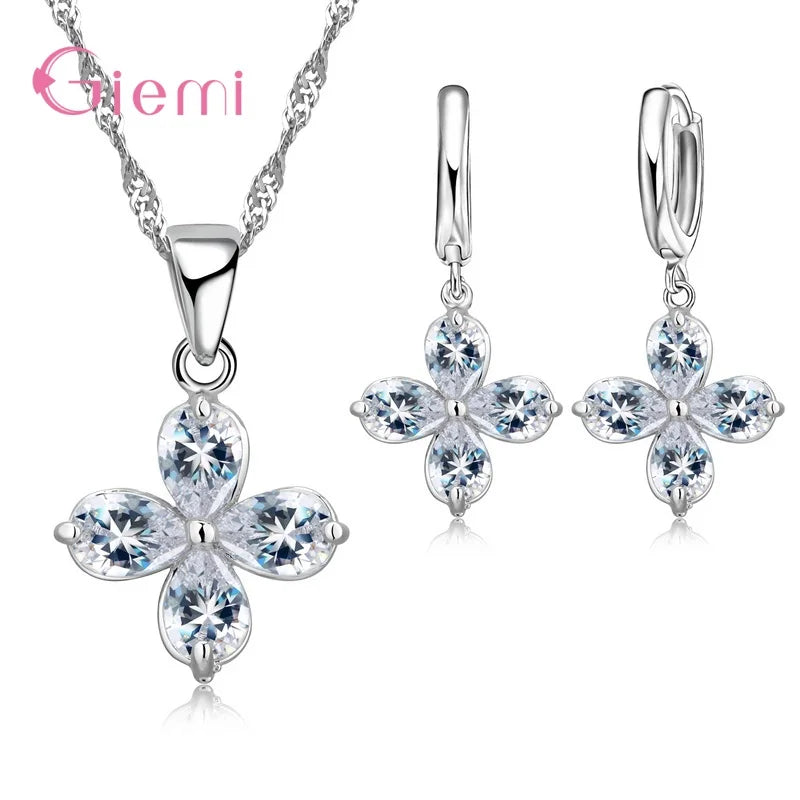 New  Sterling Silver Trendy Crystal Pendant Necklace Earrings Jewelry Set