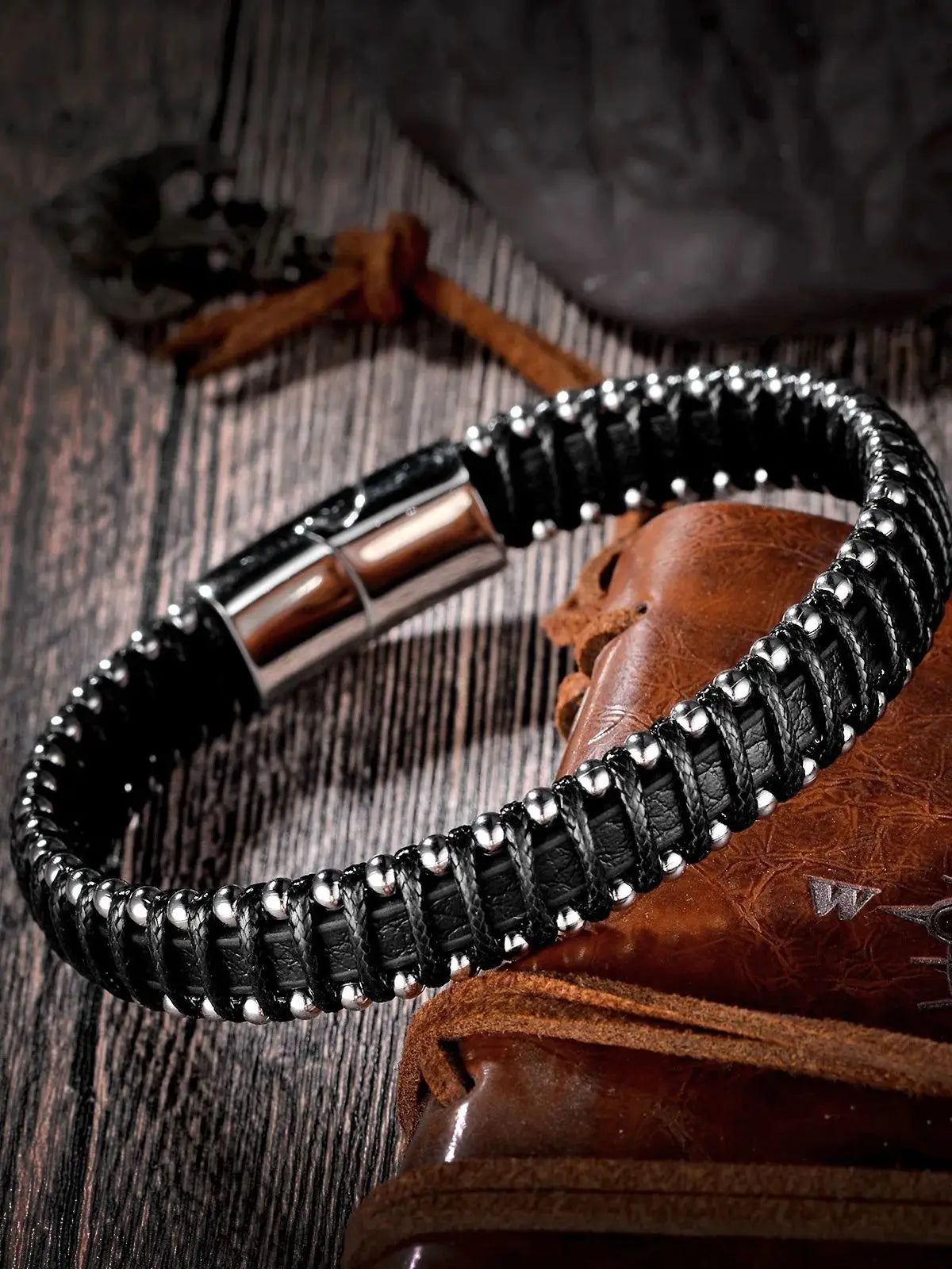 Black Leather Men Bracelets