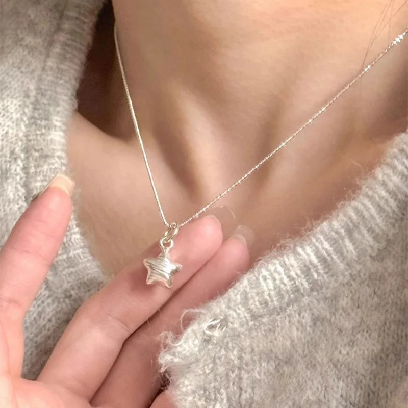 Sterling Silver Necklace Cute Five Pointed Star Set