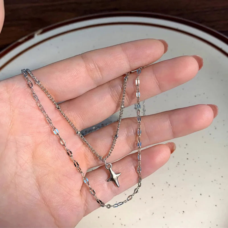 Sterling Silver Necklace Cute Five Pointed Star Set