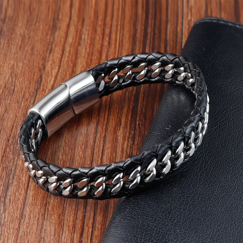 Black Leather Men Bracelets