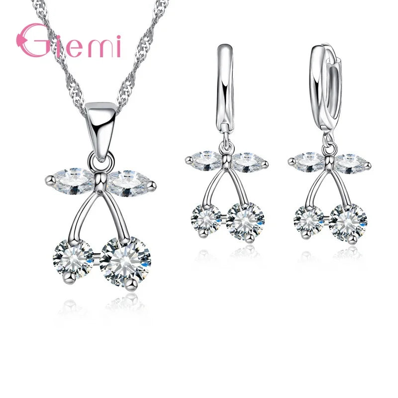 New  Sterling Silver Trendy Crystal Pendant Necklace Earrings Jewelry Set