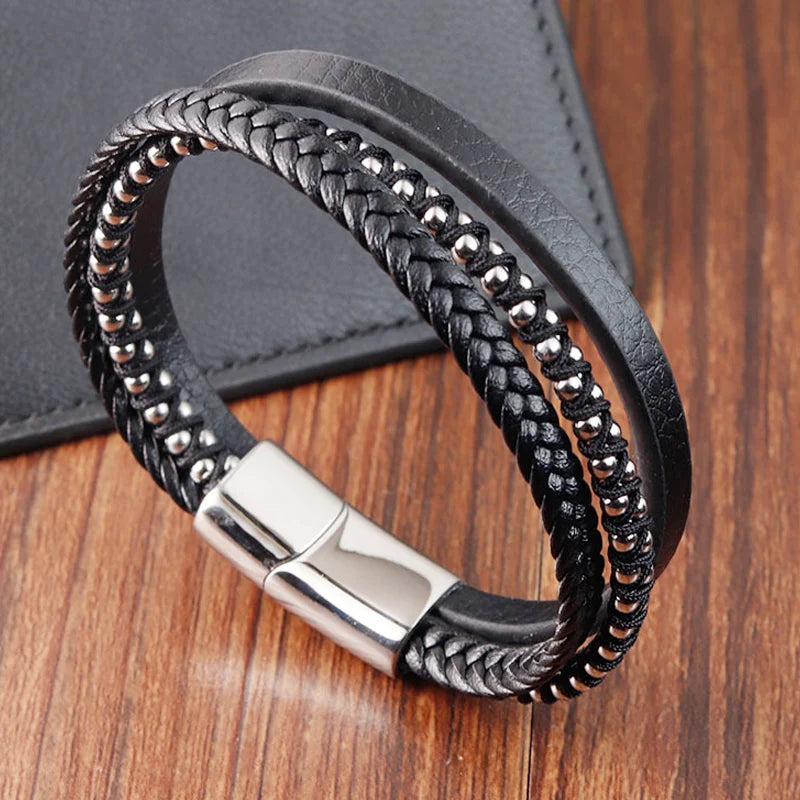 Black Leather Men Bracelets