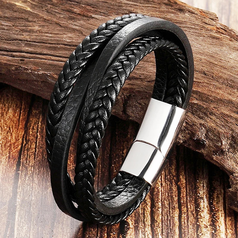 Black Leather Men Bracelets