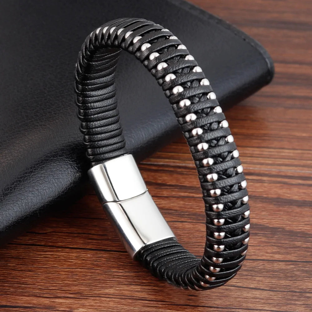 Black Leather Men Bracelets