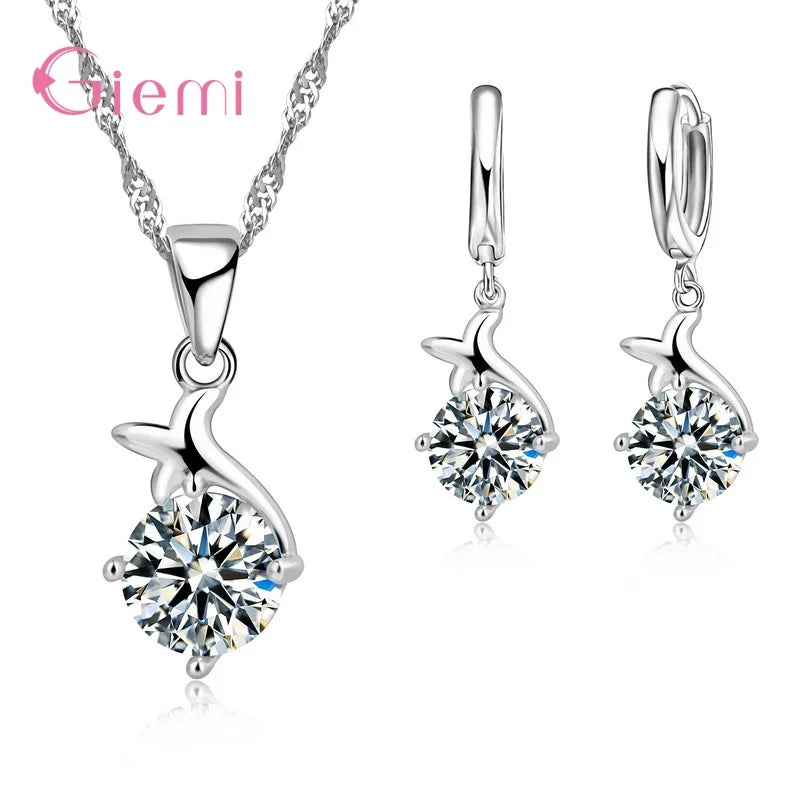 New  Sterling Silver Trendy Crystal Pendant Necklace Earrings Jewelry Set