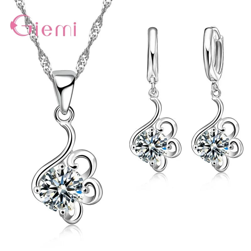 New  Sterling Silver Trendy Crystal Pendant Necklace Earrings Jewelry Set