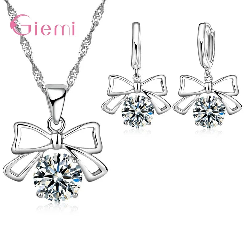 New  Sterling Silver Trendy Crystal Pendant Necklace Earrings Jewelry Set