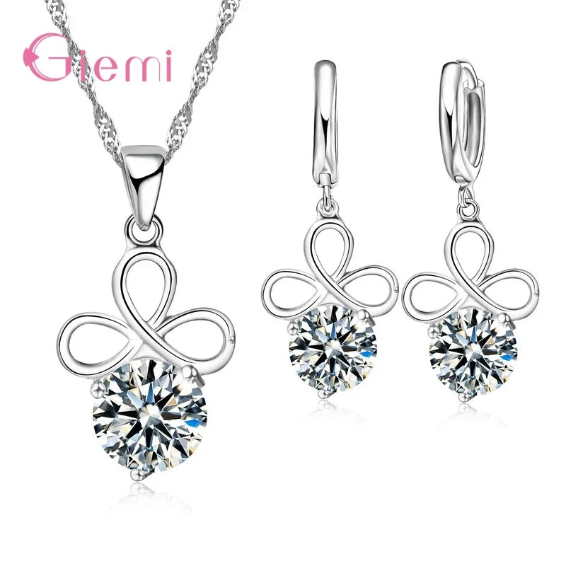 New  Sterling Silver Trendy Crystal Pendant Necklace Earrings Jewelry Set