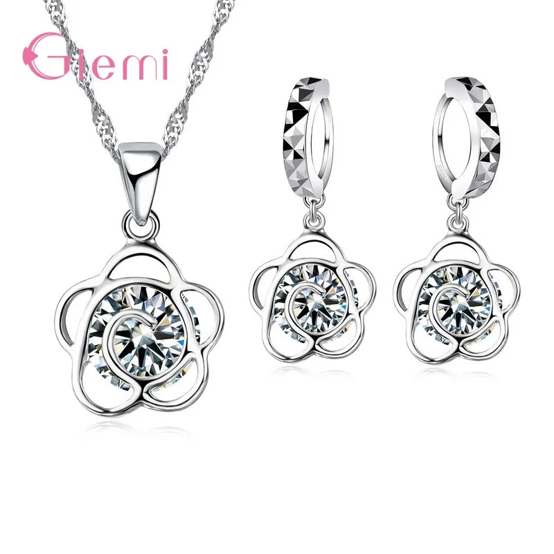 New  Sterling Silver Trendy Crystal Pendant Necklace Earrings Jewelry Set