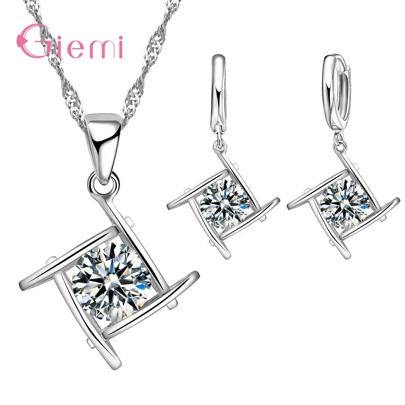 New  Sterling Silver Trendy Crystal Pendant Necklace Earrings Jewelry Set