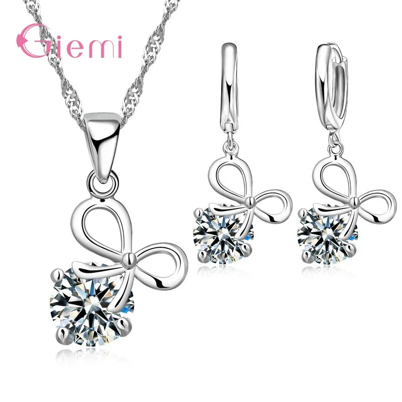 New  Sterling Silver Trendy Crystal Pendant Necklace Earrings Jewelry Set