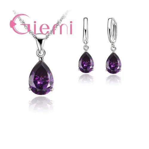 New  Sterling Silver Trendy Crystal Pendant Necklace Earrings Jewelry Set