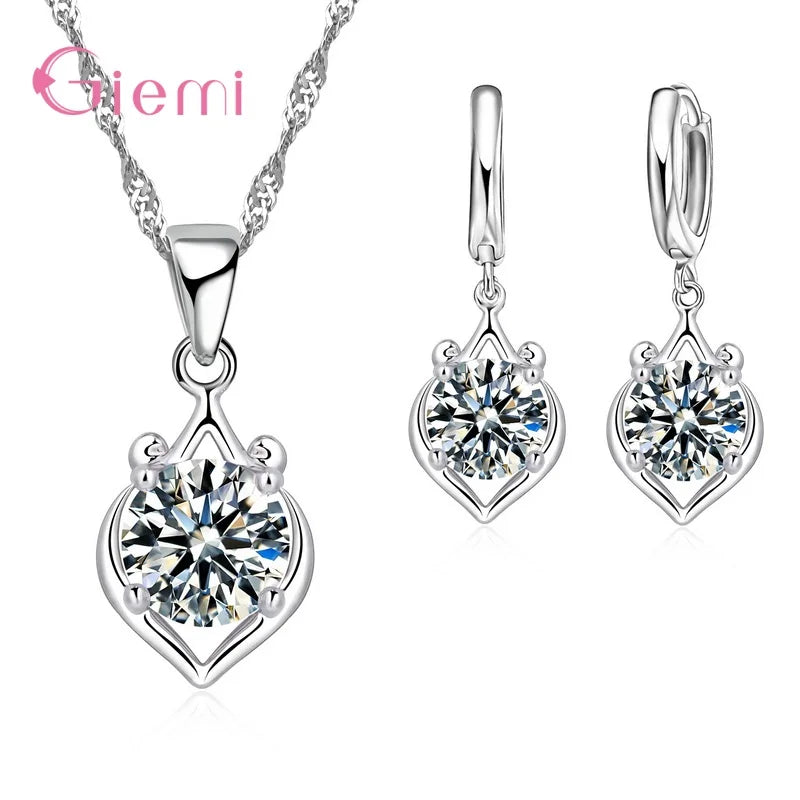 New  Sterling Silver Trendy Crystal Pendant Necklace Earrings Jewelry Set