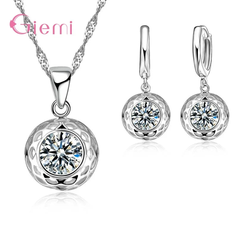 New  Sterling Silver Trendy Crystal Pendant Necklace Earrings Jewelry Set