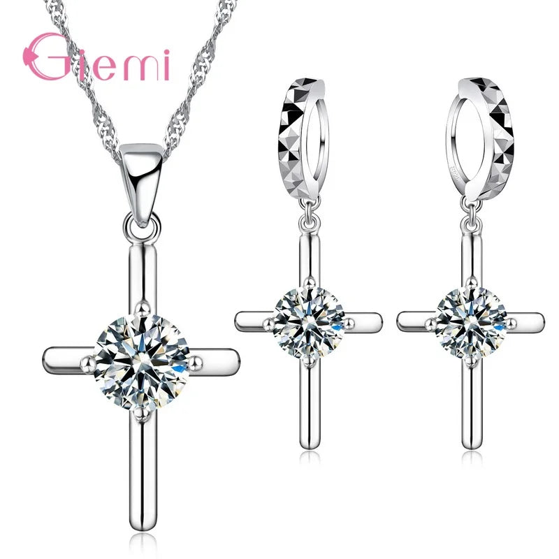New  Sterling Silver Trendy Crystal Pendant Necklace Earrings Jewelry Set
