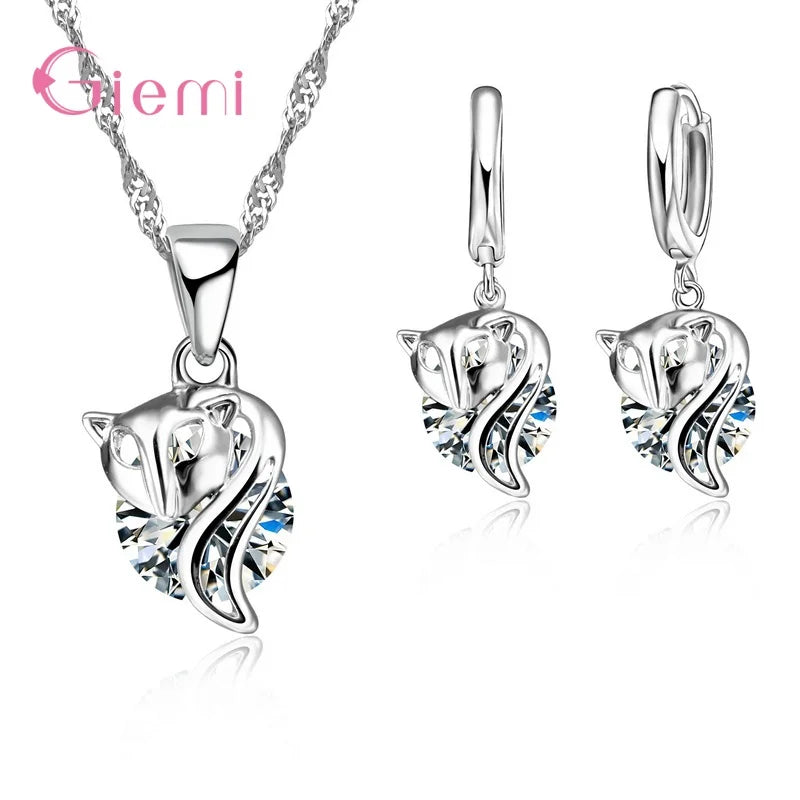 New  Sterling Silver Trendy Crystal Pendant Necklace Earrings Jewelry Set