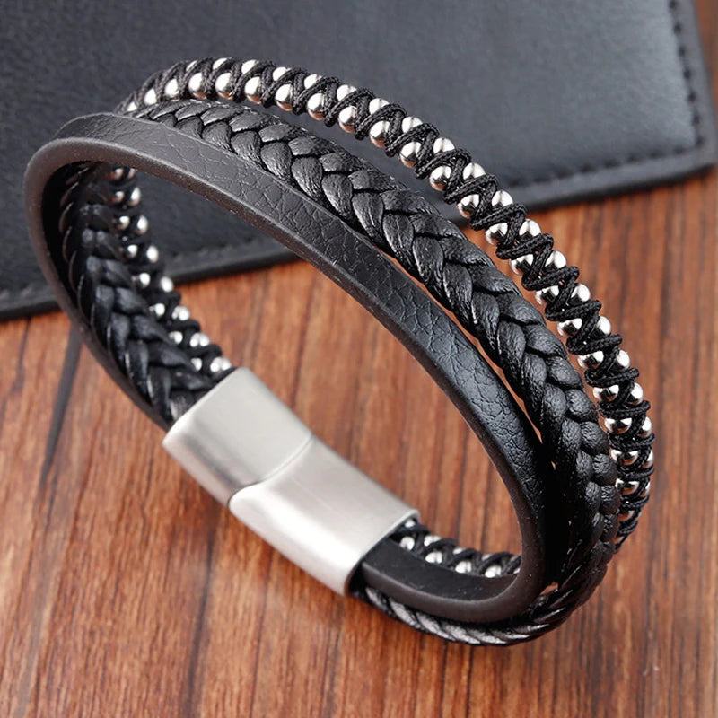 Black Leather Men Bracelets